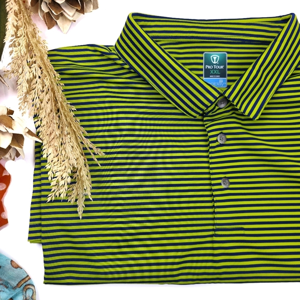 New Pro Tour Striped Golf Polo in Lime & Navy Size XXL